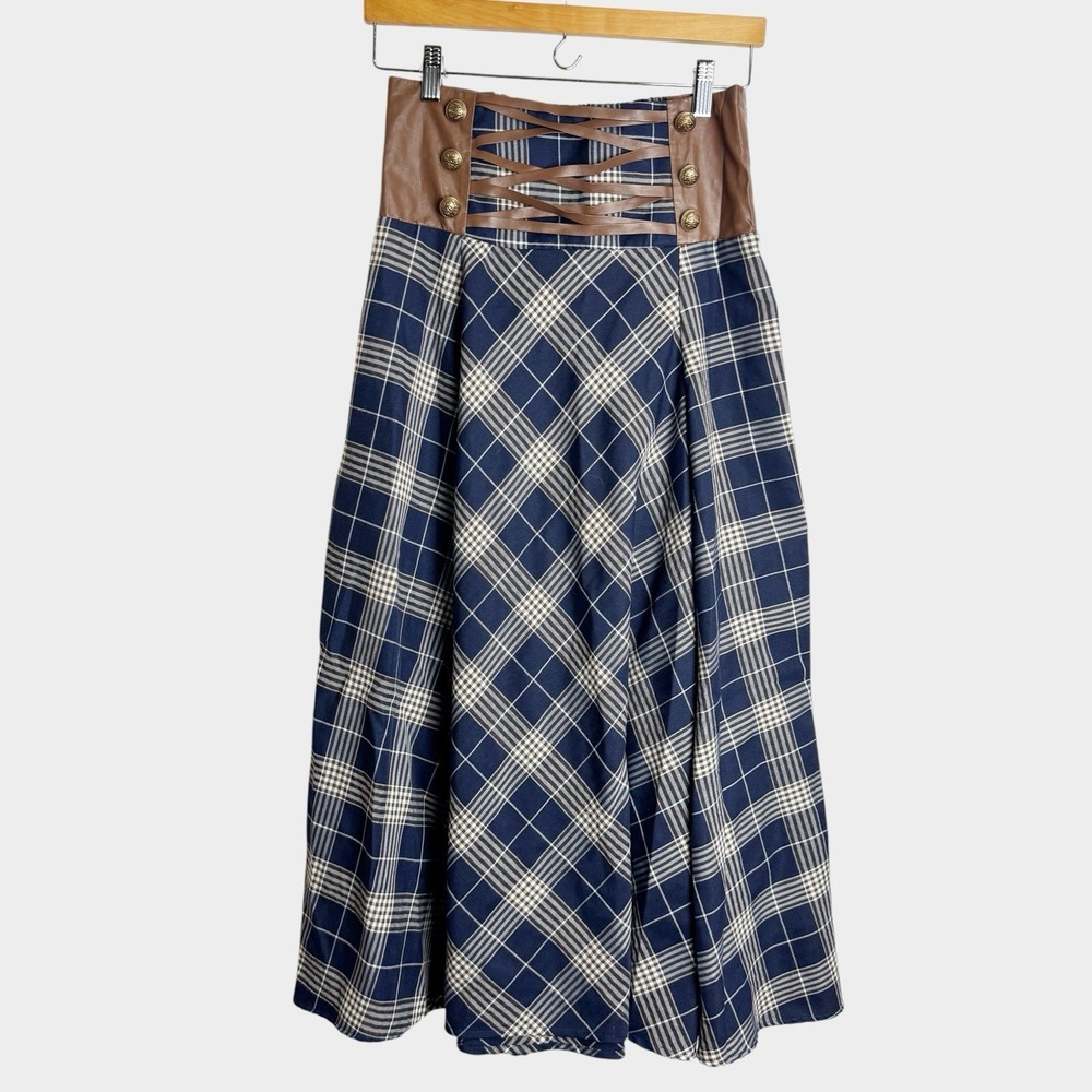 Women M Gothic Punk Plaid Midi Skirt High Waisted A-Line Calf Length Skirt Navy